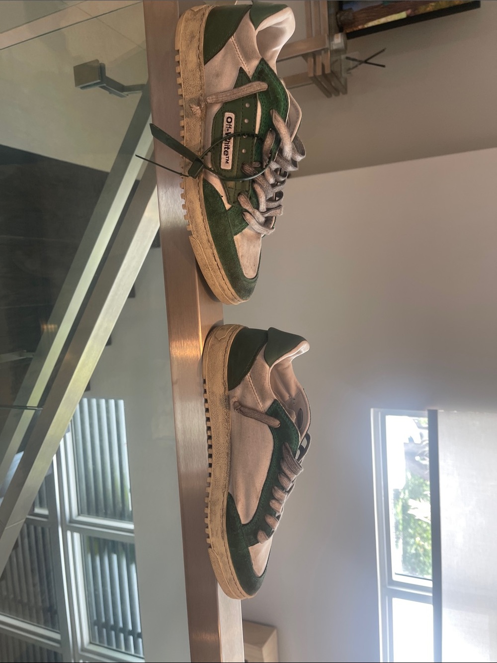Off-White Green and White Suede Low-Top Sneakers